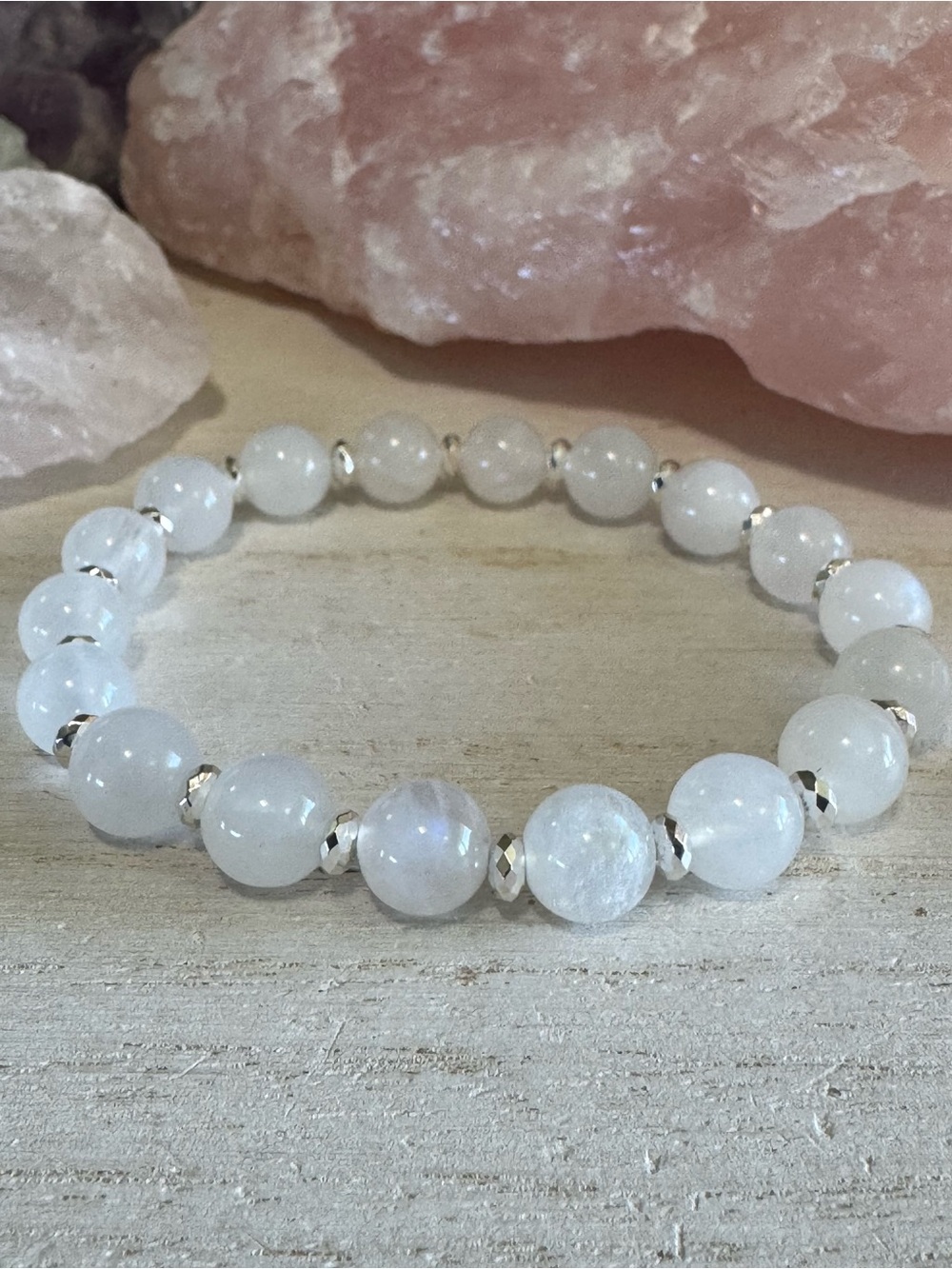 Gorgeous Moonstone Handcrafted Gemstone Stretch Bracelet - silver tone accents